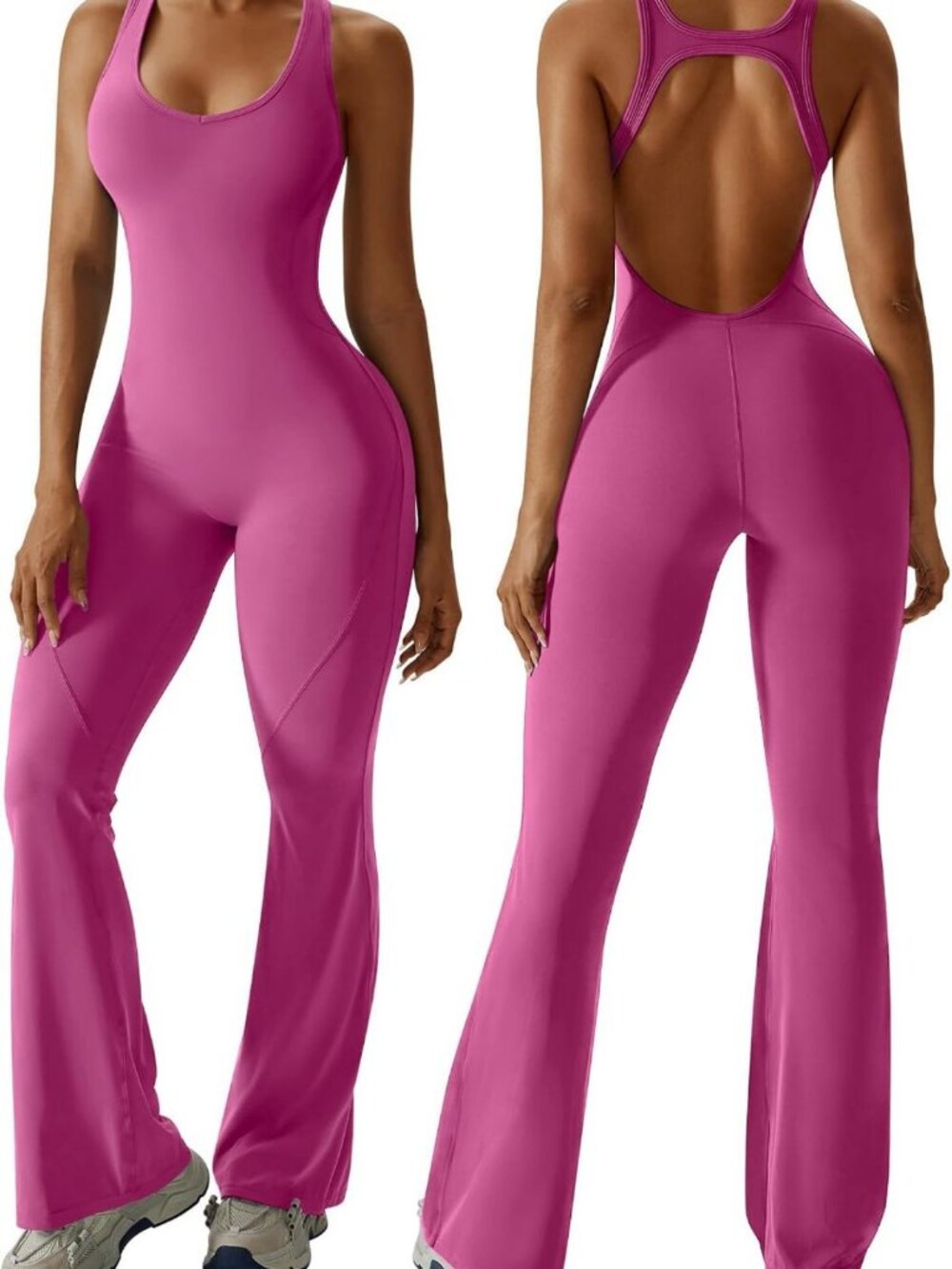 Flare Jumpsuit with Bra, Tummy Control Cutout Romper, Sleeveless Bodysuit Outfit
